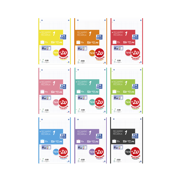 Recanvi Oxford 1 banda de color 100+20 fulls A4 4