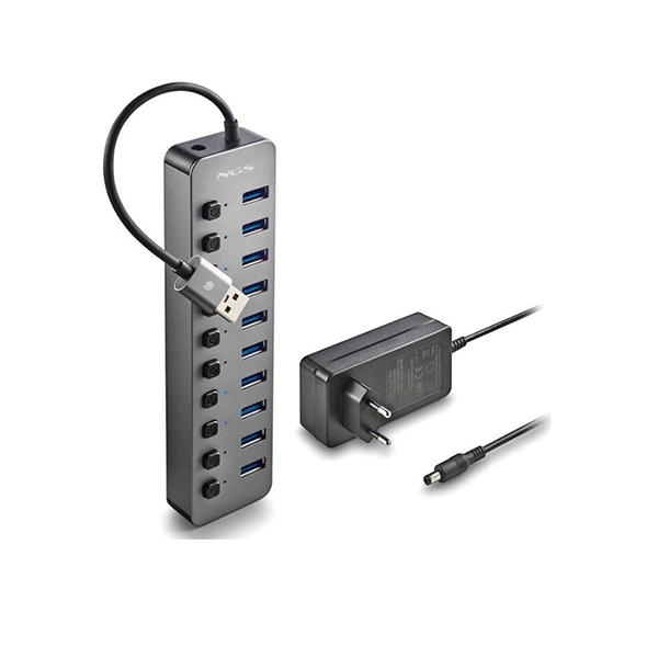 HUB USB 3.0 NGS amb connector tipus A mascle a un extrem i 10 ports femella tipus A a l'altre